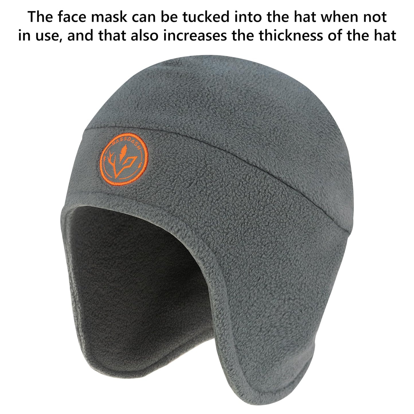 BASSDASH Soft Fleece 2-in-1 Hat with Ski Mask Ear Flap Ice Fishing Hunting Beanie for Men Women Cold Weather Winter Grey