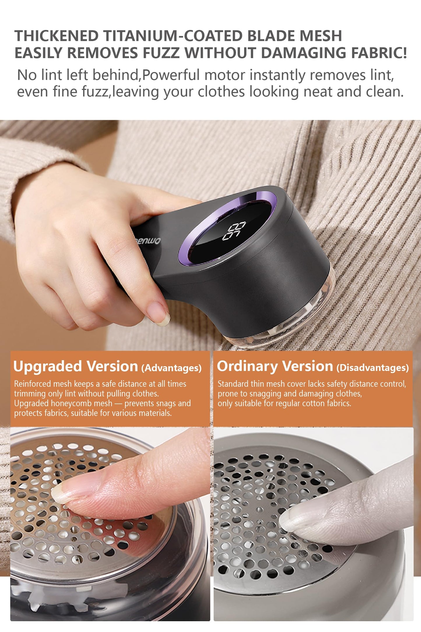 Fabric Shaver, Lint Remover Rechargeable, Electric Portable Sweater Defuzzer with 6-Leaf Blades, Digital Screen, Remove Pilling for Clothing, Couch, Furniture, Fuzz, Lint Ball, Pillings(White)