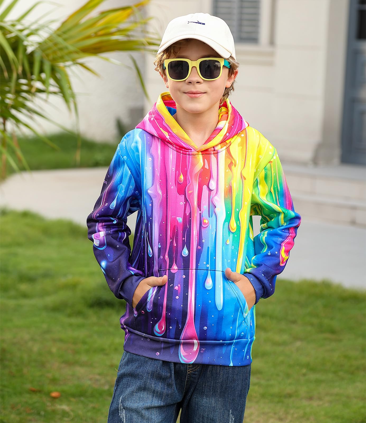 UNICOMIDEA Hoodies For Boys Kids Sweatshirt 3D Print Drop Pattern Long Sleeves Hooded Pullover Tops With Pocket Autumn Winter Warm Wear 9-10 Years Party Vacation