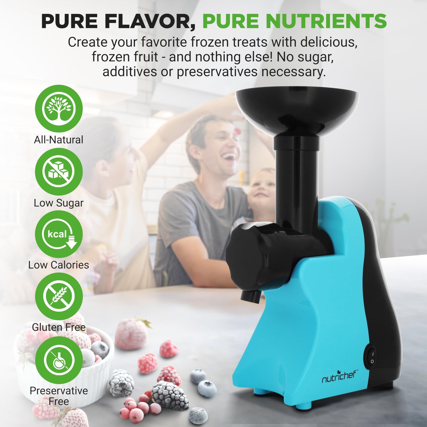 NutriChef Electric Frozen Fruit Dessert Maker - Fruit Sorbet Machine - Make Ice Cream, Dessert, Gelato, Smoothies, Slushies & Frozen Yogurt - Includes Food Plunger & Recipe Book - Blue