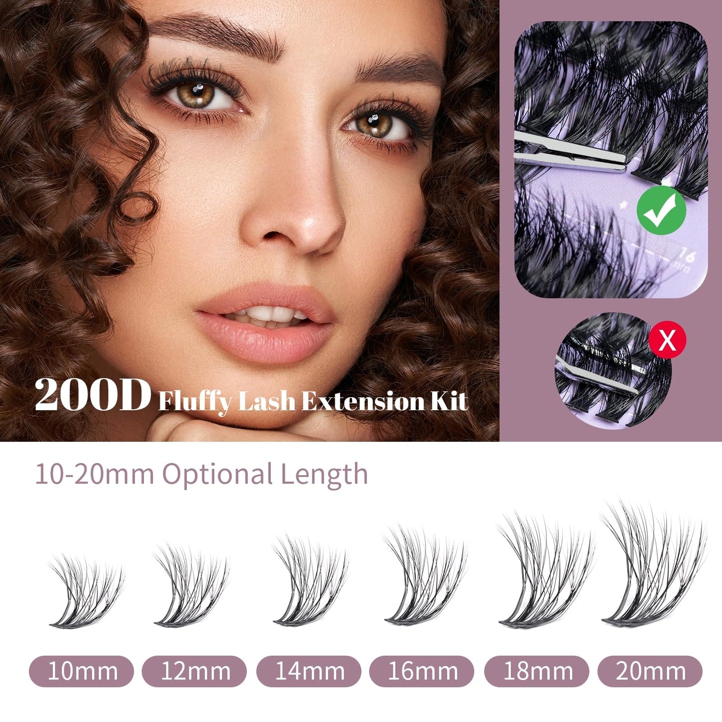 Ocean Pearl Lash Clusters 10-20mm 200D 300PCS Lashes DIY Lash Clusters Kit Individual Lashes Cluster Eyelash Extensions Fluffy Eyelashes Lash Extension Kit with Lash Bond+Seal+Remover+Tweezer-200D