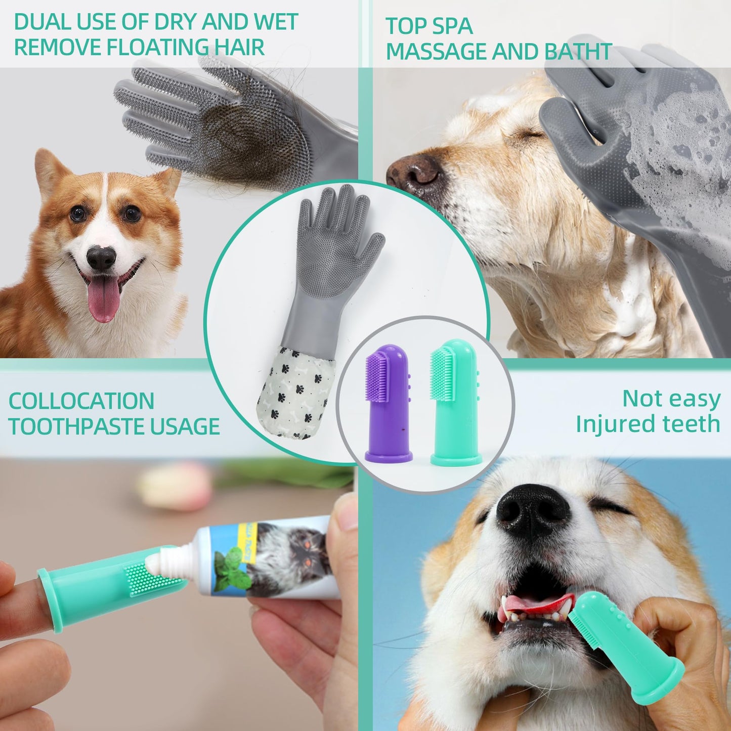 ROBATUN Dog Washing Gloves 2 Pack, Silicone Pet Hair Removal Glove with Soft Bristles & Finger Toothbrushes, Reusable Deshedding Scrubber for Dogs & Cats, Deep Cleaning & Anti-Slip Cuff