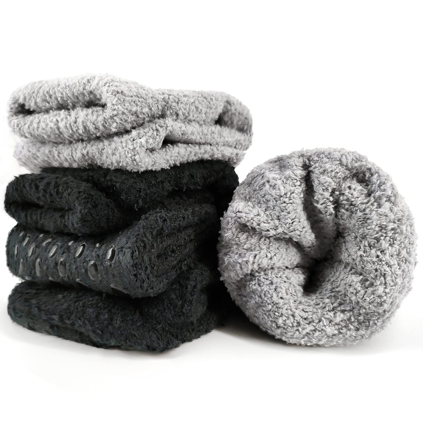 NOVAYARD 4 Pairs Non Slip Fuzzy Socks Hospital Slipper Crew Grip Cozy socks Men Women(Black+Grey,Medium)