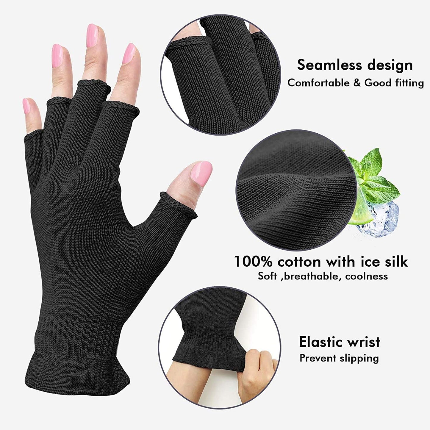 MIG4U Fingerless Moisturizing Gloves, Half Finger Touchscreen Beauty Glove for Eczema, SPA, Dry Hands, Skin Treatment, Summer Sun UV Protection (S/M, black-1pair)