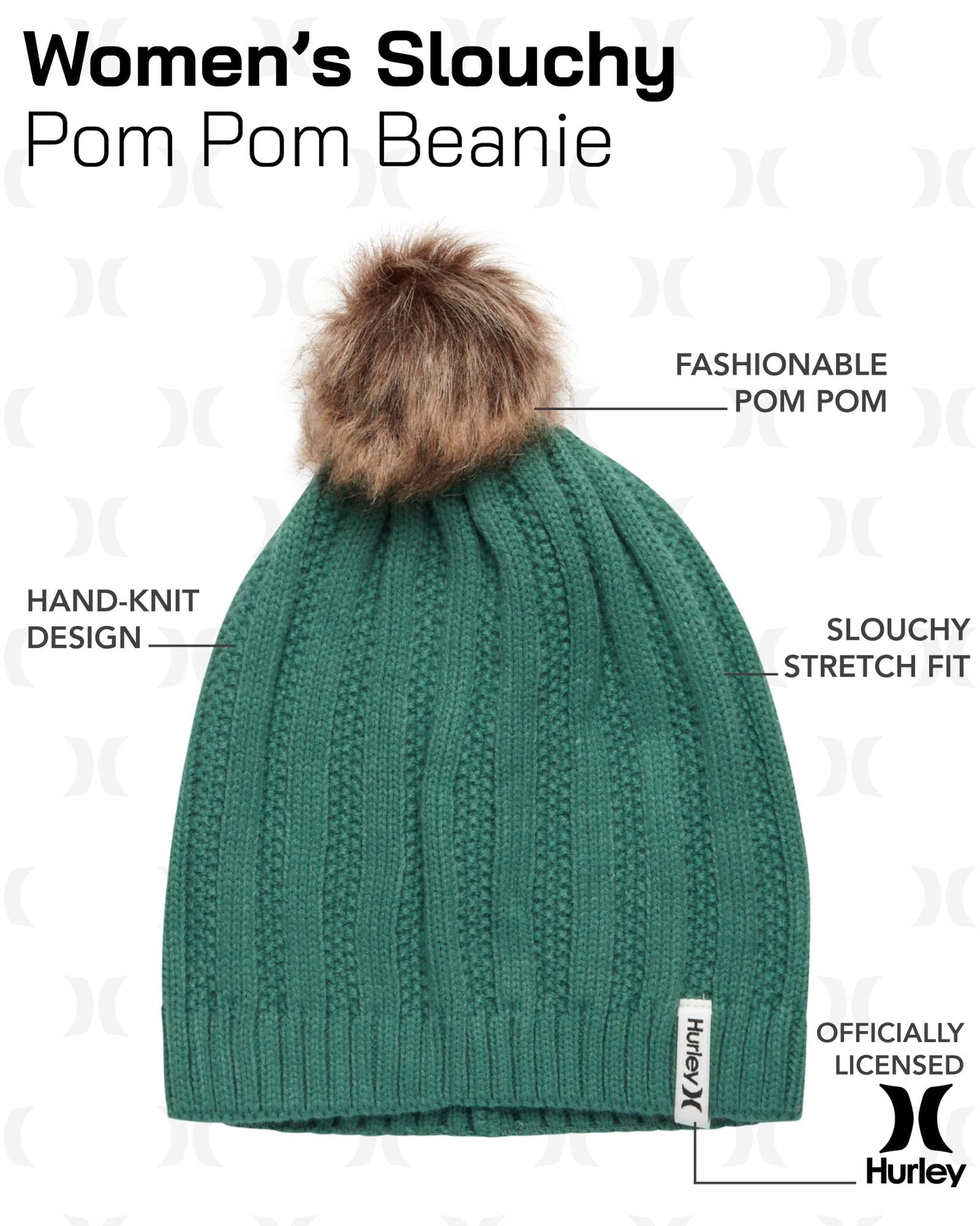 Hurley Women's Winter Hat - Helena Hand-Knit Slouchy Pom Pom Beanie, Size One Size, Evergreen Aura