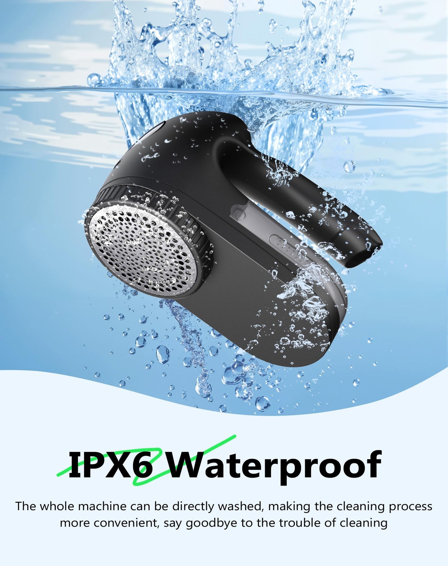 PKBD IPX6 Waterproof Washable Electric Fabric Shaver and Lint Remover, Rechargeable Sweater Defuzzer with 3 Free Extra Blades, Quickly and Effectively Remove Fluff,Fuzz,Bobbles for Clothes, Dark Black