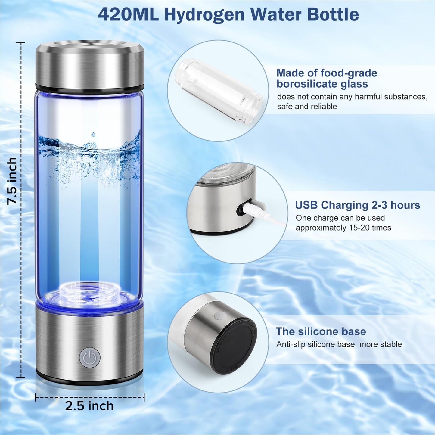 2025 New Hydrogen Water Generator Bottles, Portable Hydrogenated Water Bottle with SPE PEM Technology, 420ml Hydrogen Water Bottle Generator, Rechargeable Ionizer Machine for Home, Office, and Travel