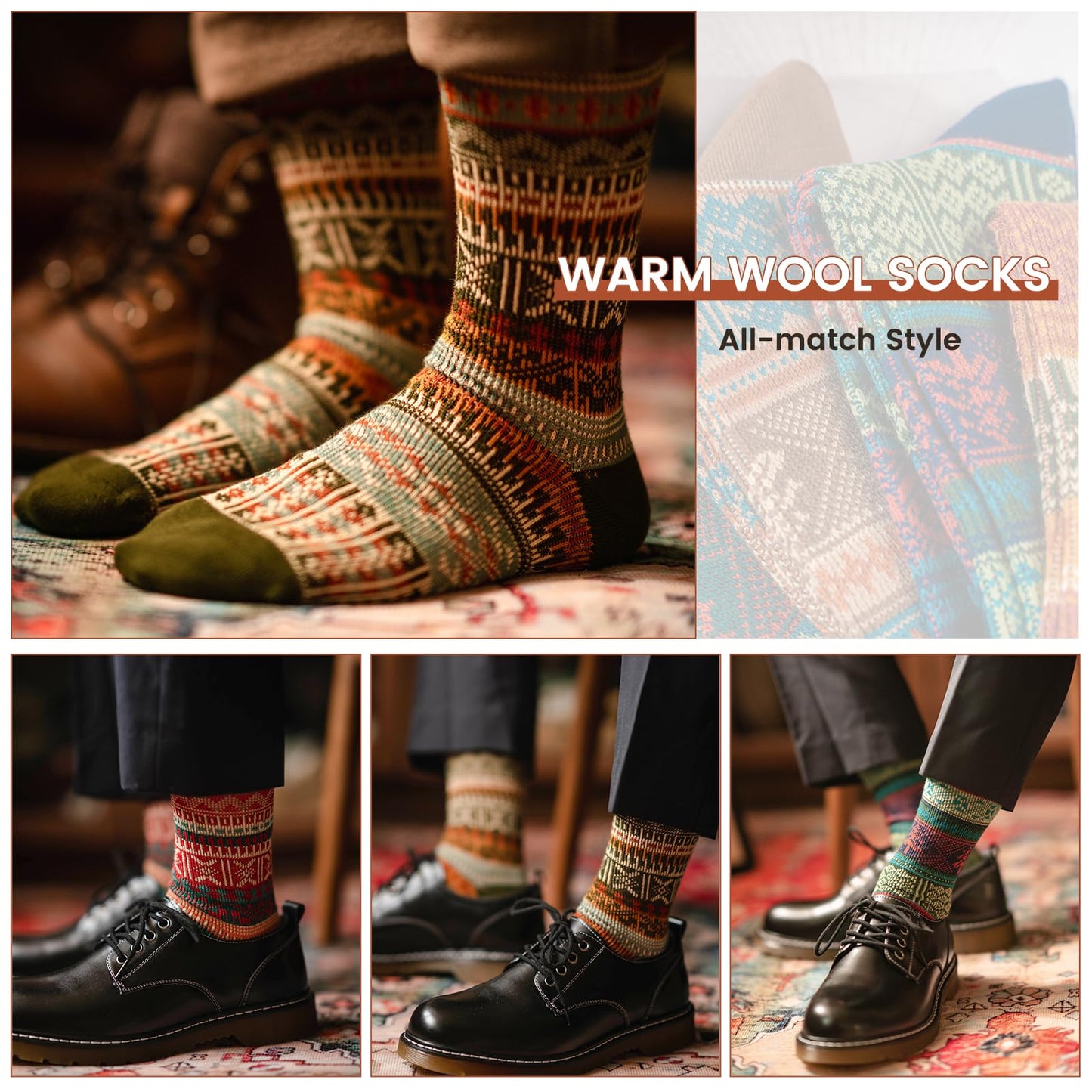 Luckit 6 Pack Wool Socks for Men Women, Warm Cotton Socks Winter Cabin Socks, Vintage Fall Patterned Socks Unisex Knit Socks (Maple leaf)