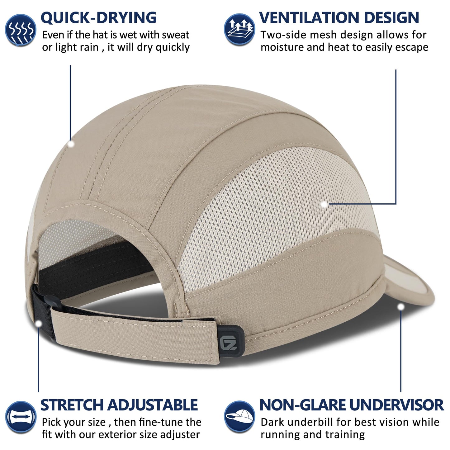 GADIEMKENSD Cooling Running Hat Quick Dry Summer Baseball Cap UPF50+ Sports Sun Caps Breathable Mesh Trucker Dad Hats Unstructured for Golf Tennis Hiking Gym Travel Camping Khaki M