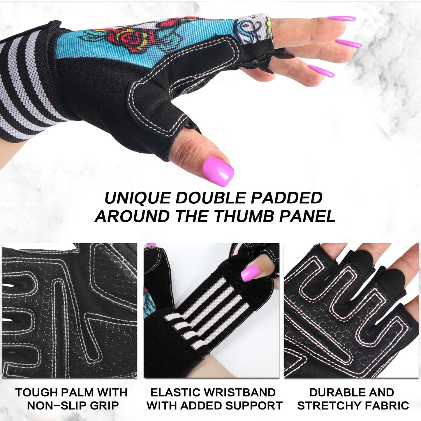 Weight Lifting Gloves for Women Gym Workout with Wrist Support,Padded Half Finger Gloves for Fitness Exercise (Blue&Bones, X-Small)