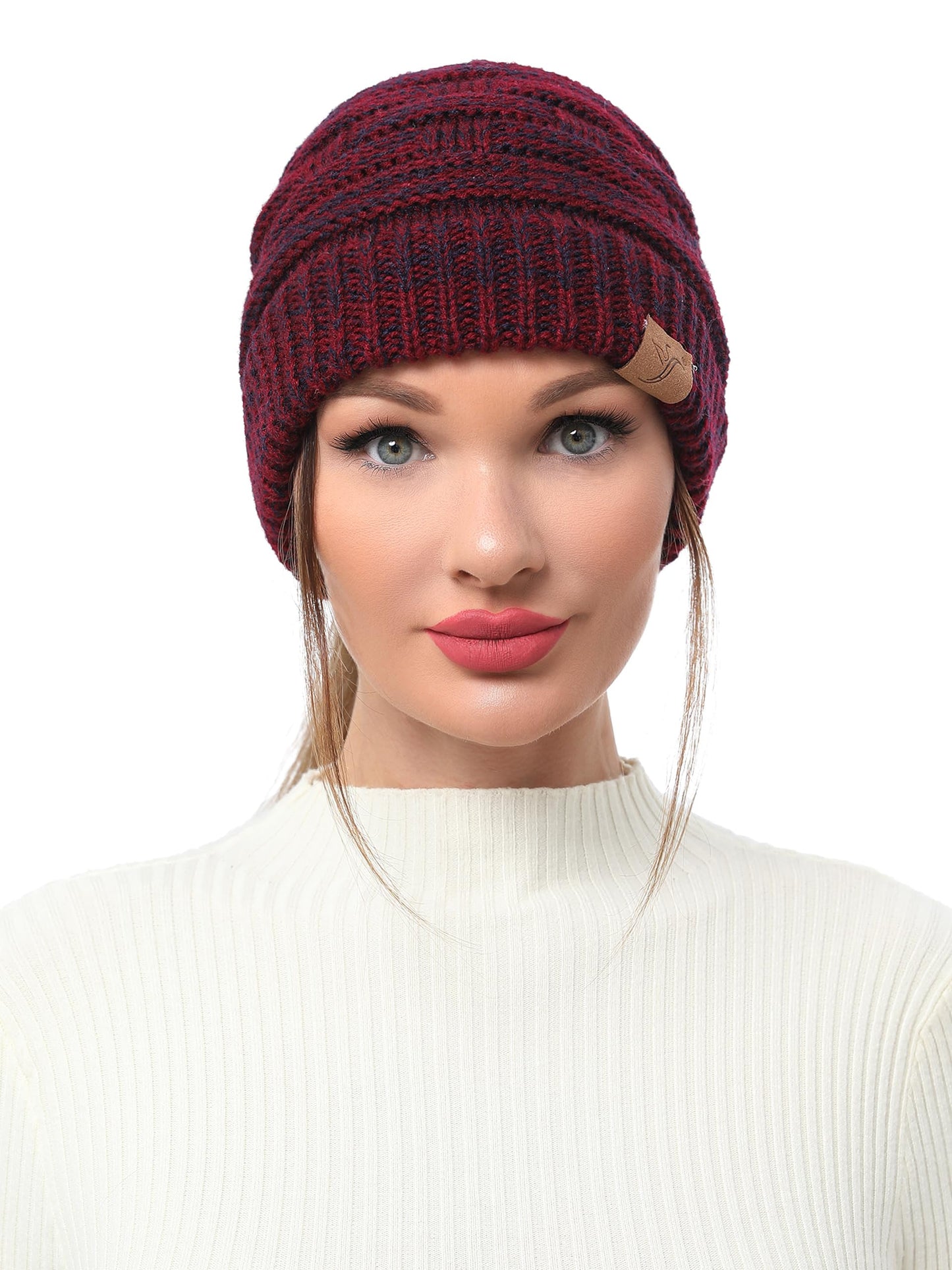 Soul Young Ponytail Messy Bun Beanie Tail Knit Hole Soft Stretch Cable Winter Hat for Women(One Size,Burgendy)