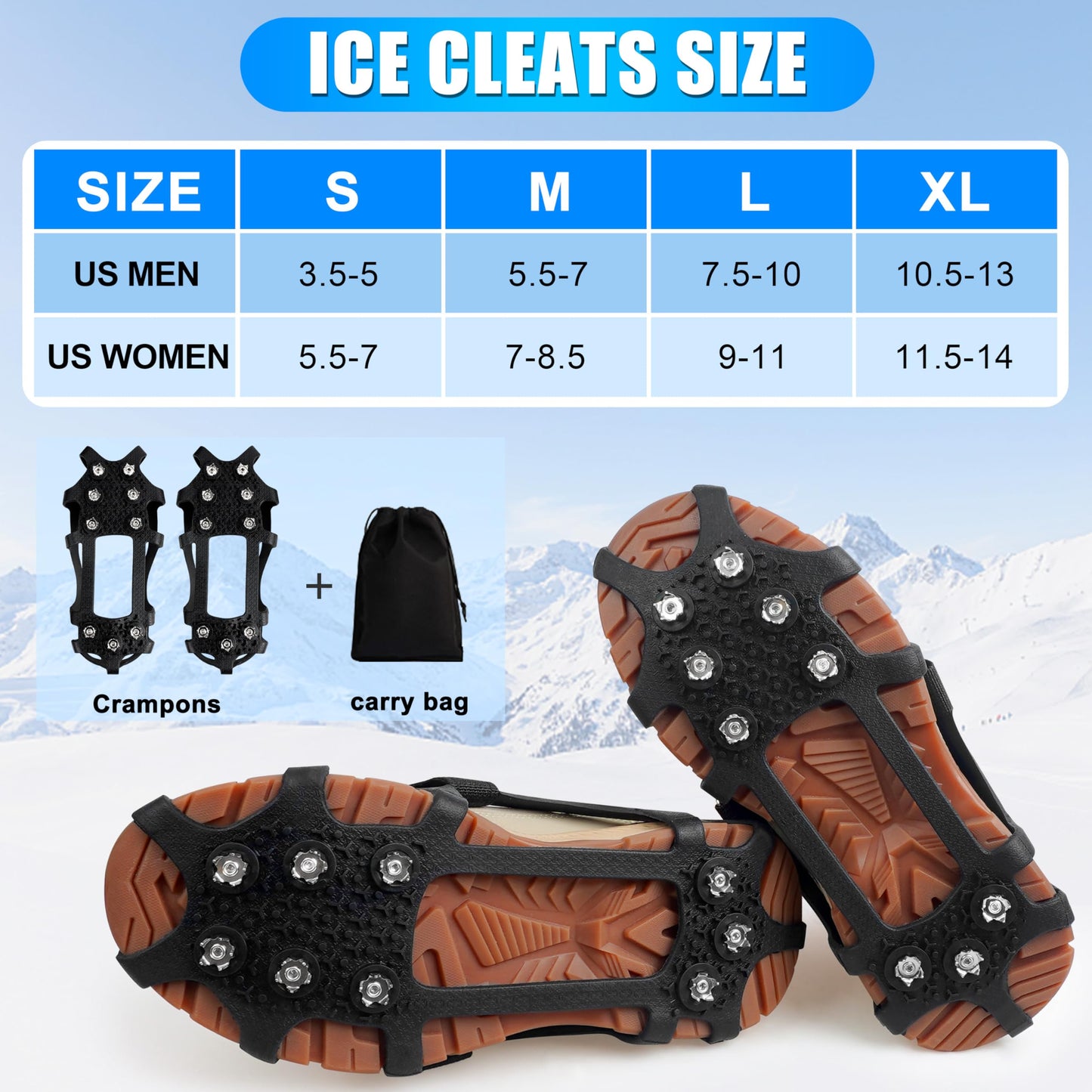 Ice Cleats for Shoes and Boots Snow Traction Cleats Crampons for Snow and Ice Women Men Kids Non Slip Snow Cleats Grippers Winter Walking Hiking Climbing Ice Fishing XL