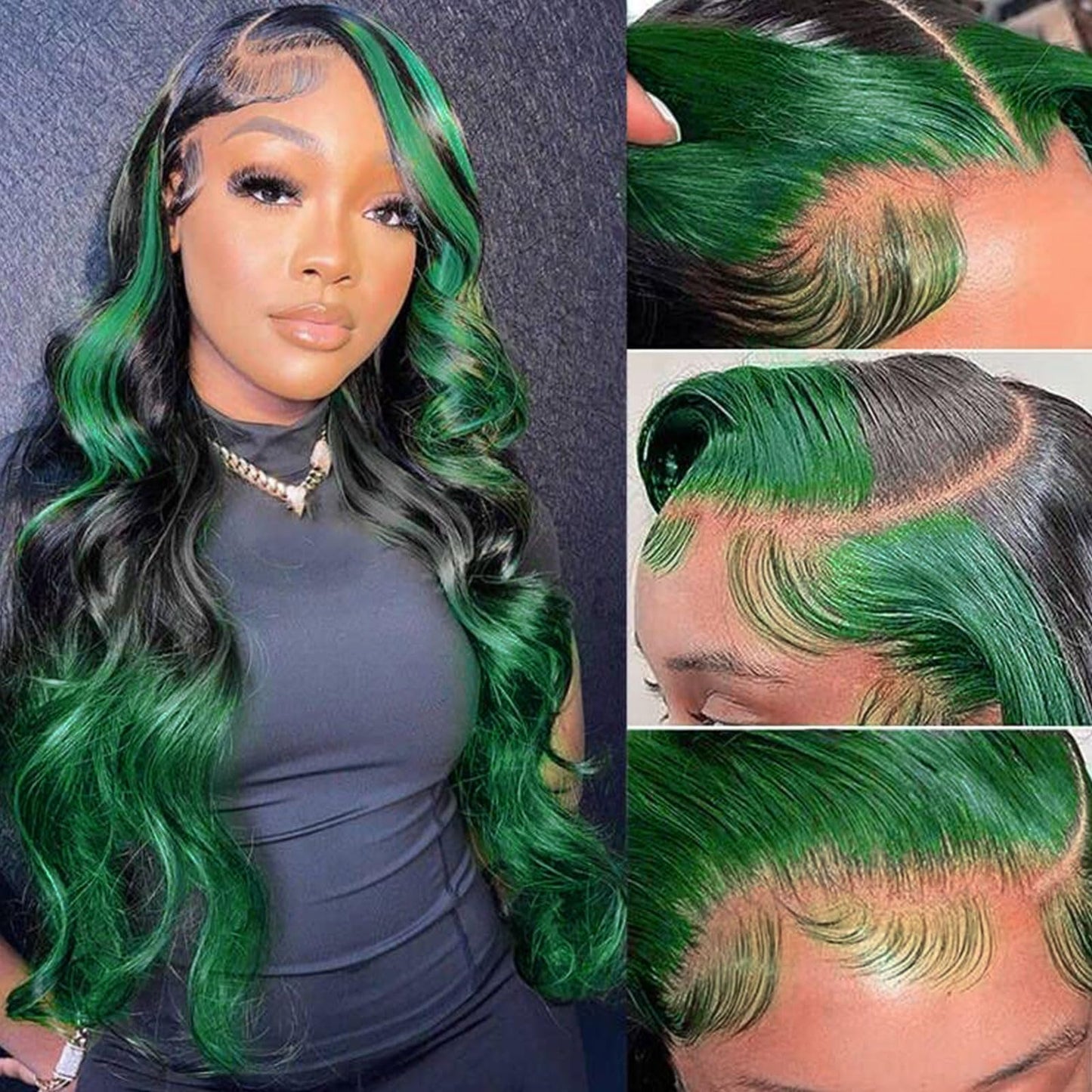 haha Green Ombre Lace Front Wig Human Hair Highlight Green Lace Front Wig Pre Plucked 13x4 Body Wave Lace Frontal Wig Black and Green Skunk Stripe Human Hair Wig Glueless Colored 18 Inch 150% Density