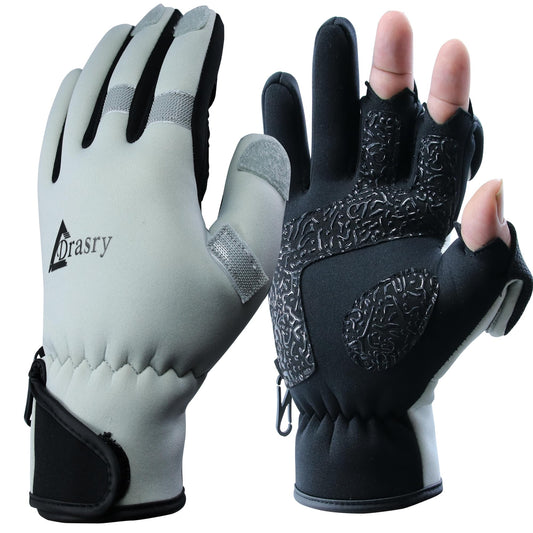 Drasry Neoprene Ice Fishing Gloves Touchscreen 3 Cut Fingers Warm Cold Weather Suitable for Men and Women Fly Fishing Photography Motorcycle Running Shooting (Gray/Black XL)