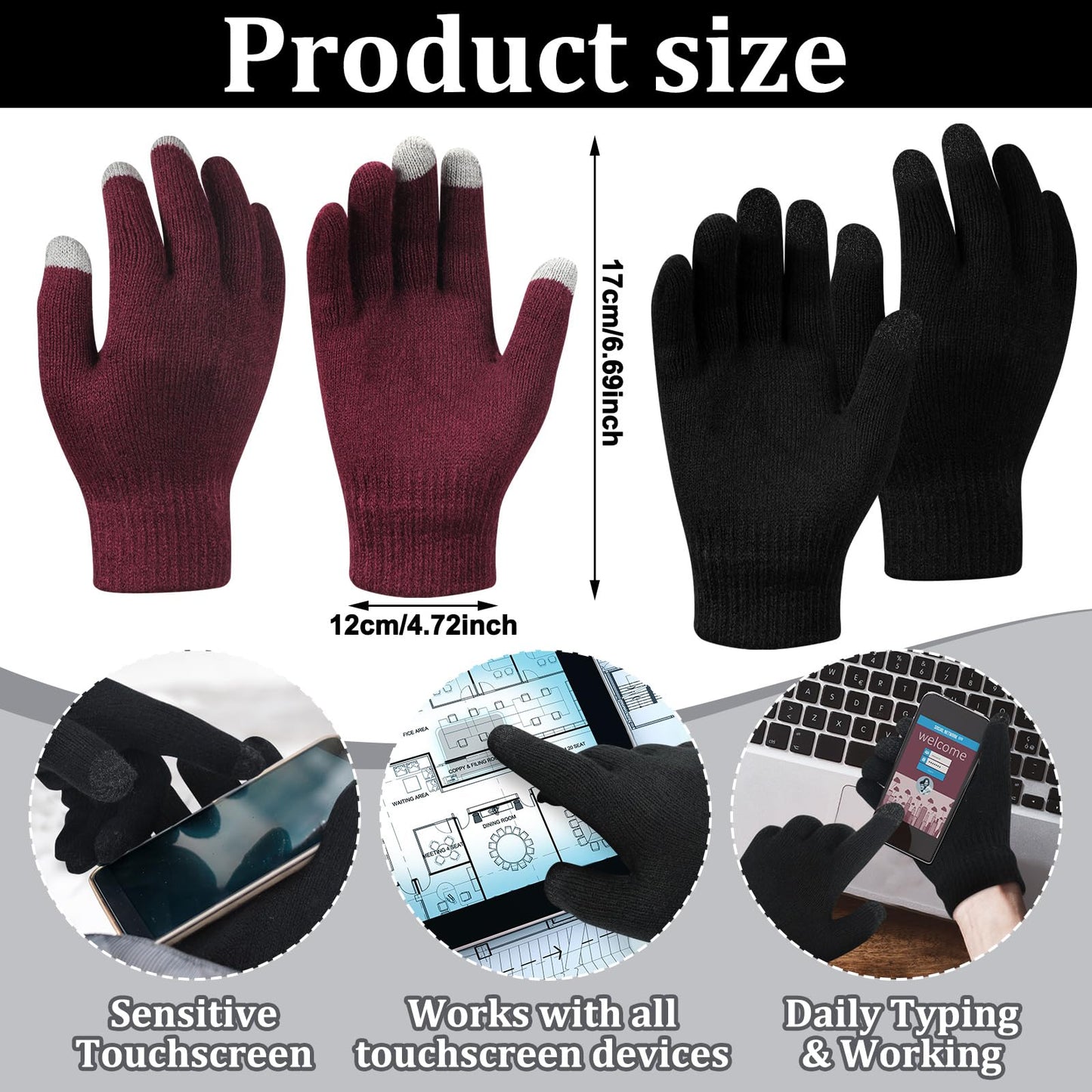 Sintege 4 Pieces Womens Satin Lined Beanie Hat Gloves Set Knit Slouchy Winter Hats Skull Cap Warm Touchscreen Gloves Set (Black, Purple, Pom Pom Style)