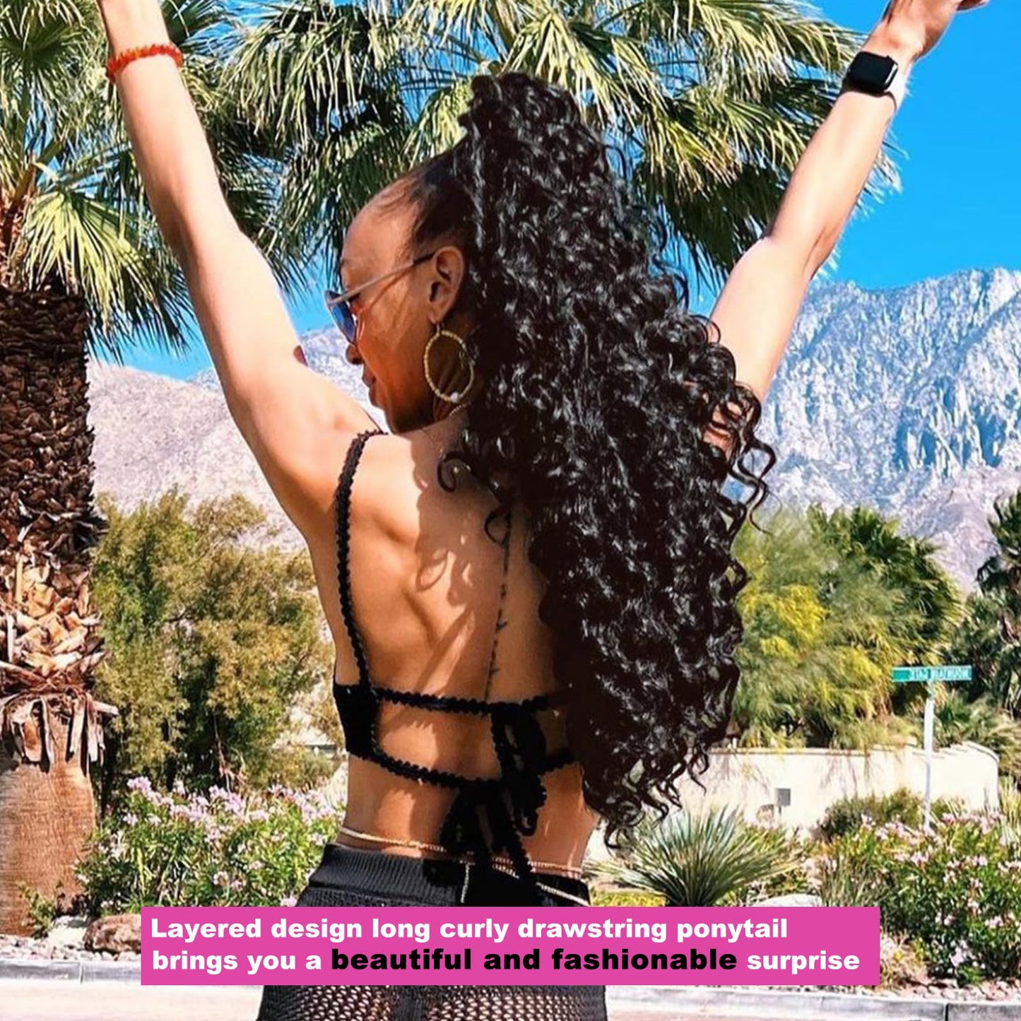 QGZ Curly Ponytail Extension,Drawstring Ponytail for Black Women 26 Inch Synthetic Long Afro Curly Fluffy Ponytail Hairpiece for Daily Use(Black Brown)