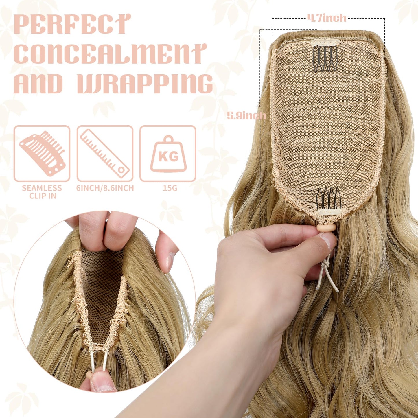 FELENDY 15" Ponytail Extension Drawstring Curly Wavy Ponytail Extensions Clip in Long Pony Tails Hair Cute Synthetic Piece for Women Ash Blonde