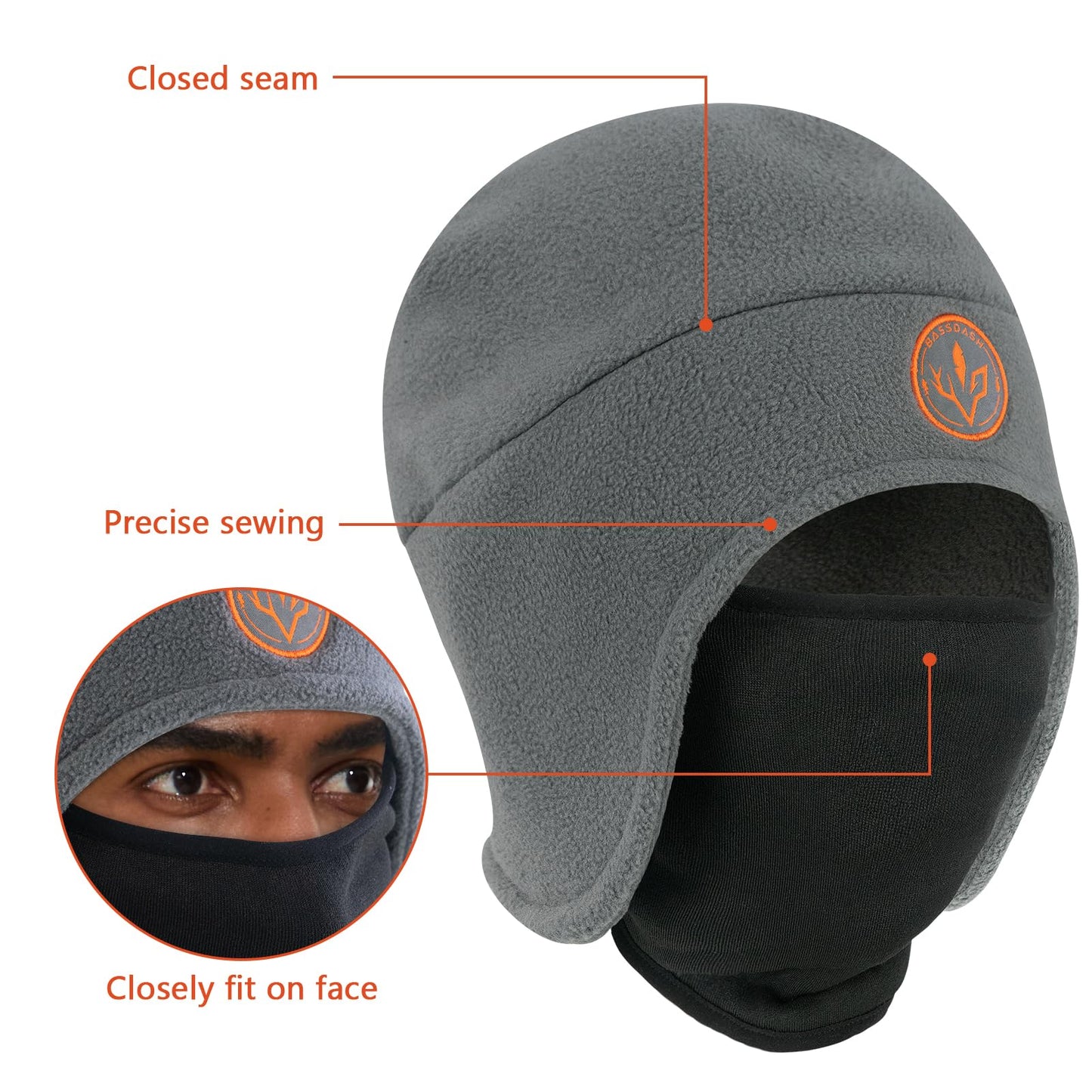 BASSDASH Soft Fleece 2-in-1 Hat with Ski Mask Ear Flap Ice Fishing Hunting Beanie for Men Women Cold Weather Winter Grey