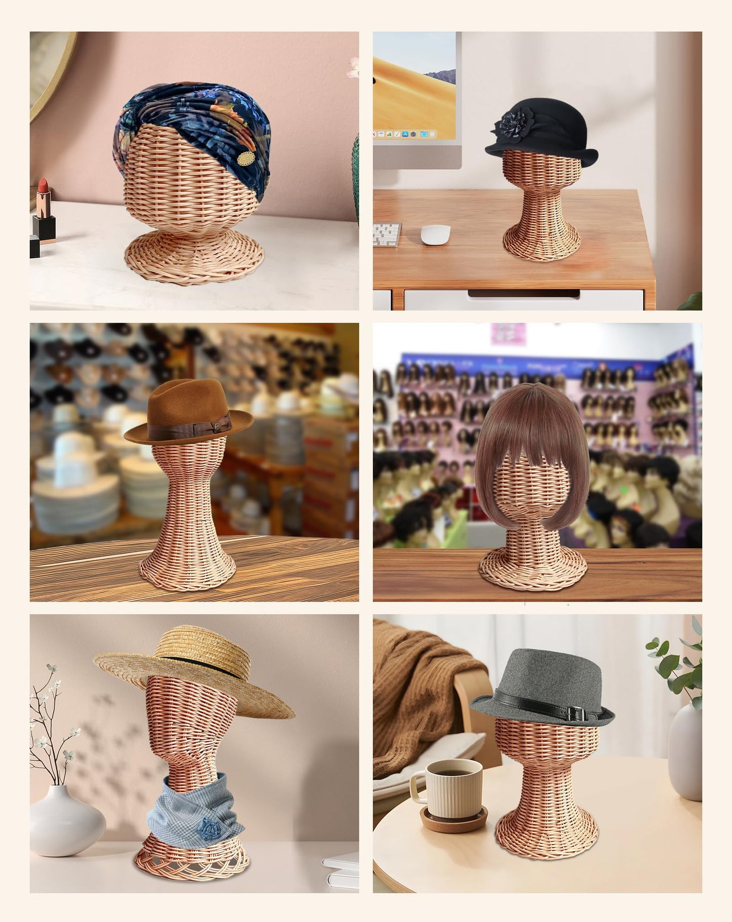 CHADWICK Mannequin Head Stand, Rattan Wig Stand, Hat & Wig Display Holder, Handmade Wicker Wig Head Stand, Vine Woven Hat Stand, Rustic Cap Rack for Home, Hair Salon, Showcase, Stable Base