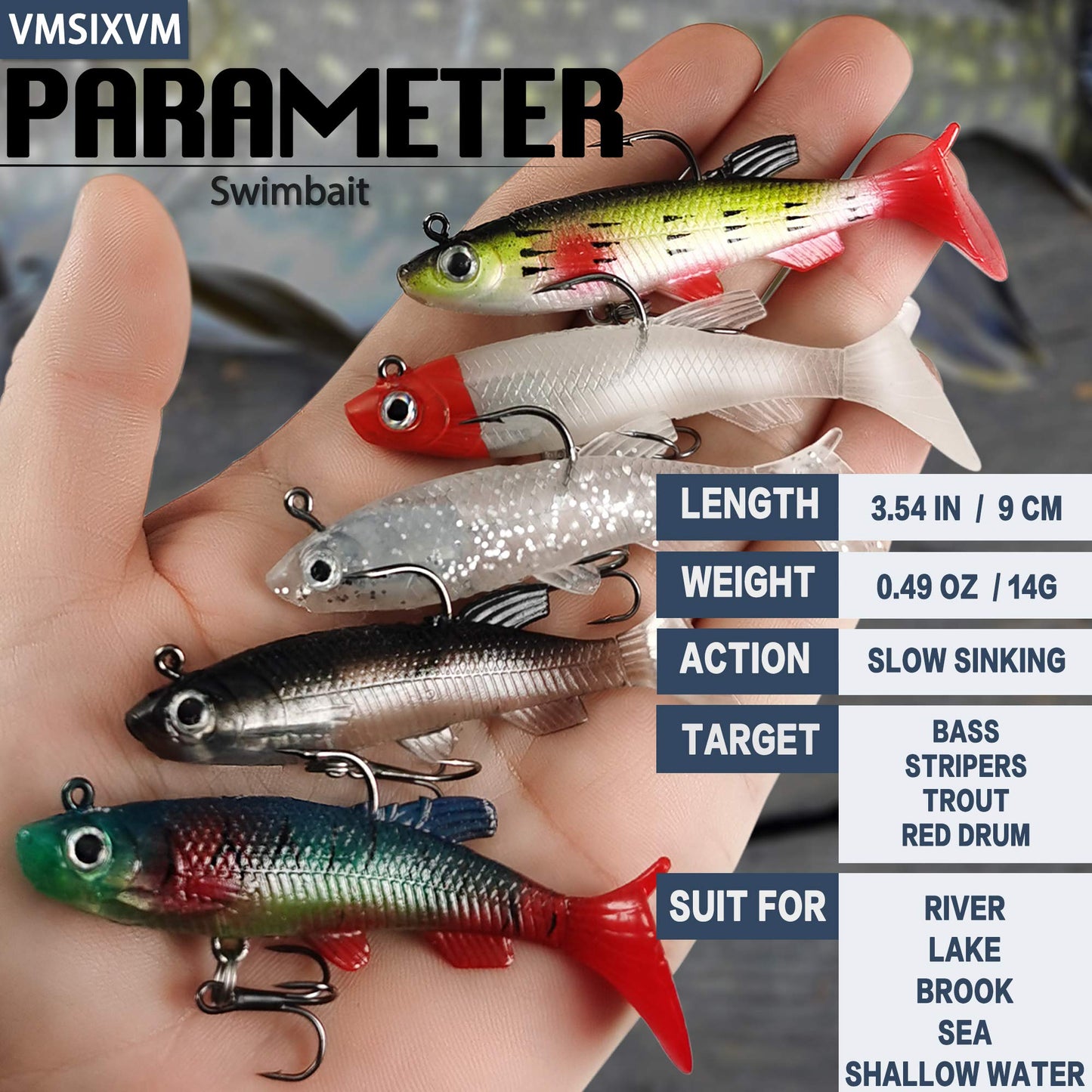 Fishing Lures for Bass, VMSIXVM Fishing Jig Head Swim Shad Lure, Soft Plastic Swimbaits with Paddle Tail, Trout Bass Sinking Baits Kit for Saltwater/Freshwater, Fishing Gear and Fishing Gifts