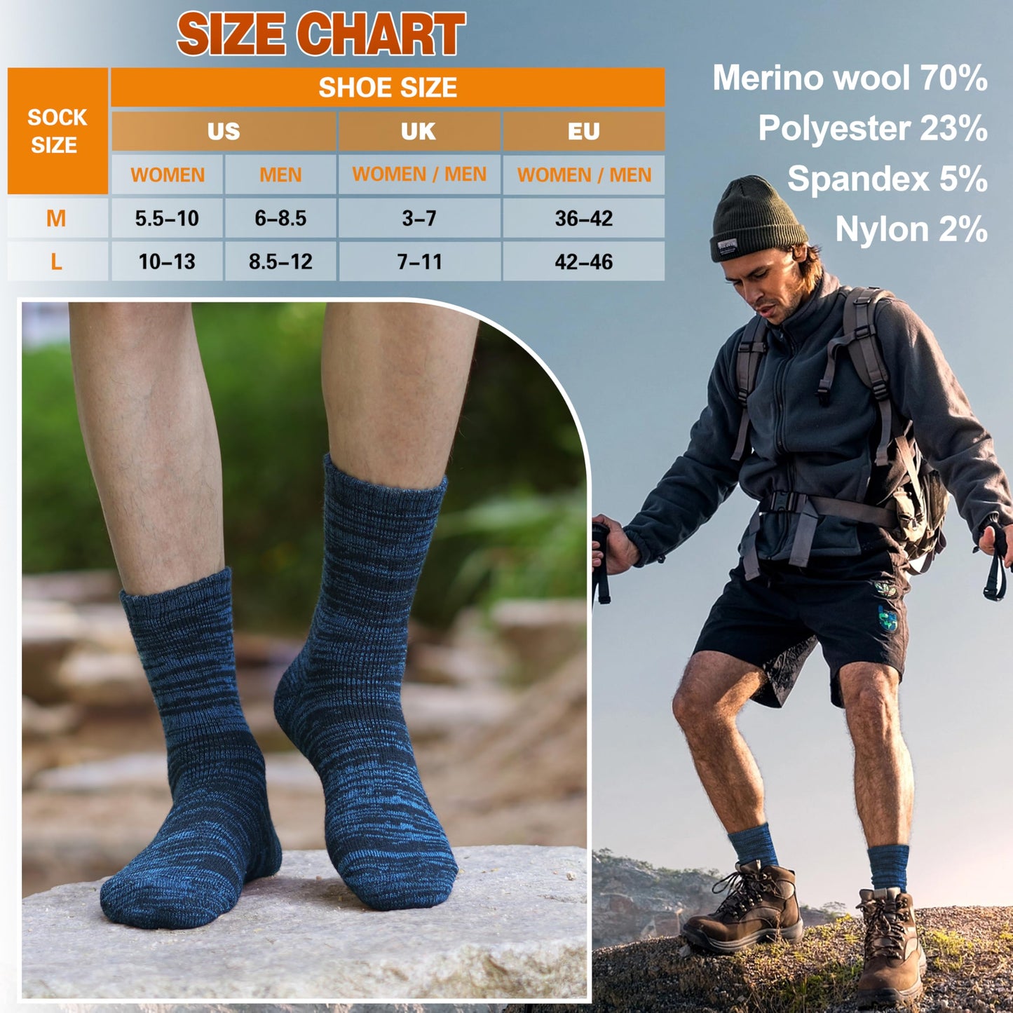 EBMORE Merino Wool Thermal Warm Socks for Women Men Thick Winter Hiking Cozy Crew Comfy Gifts Socks 4 Pairs Stocking Stuffers(Blue/White/Black/Black Blue, M)