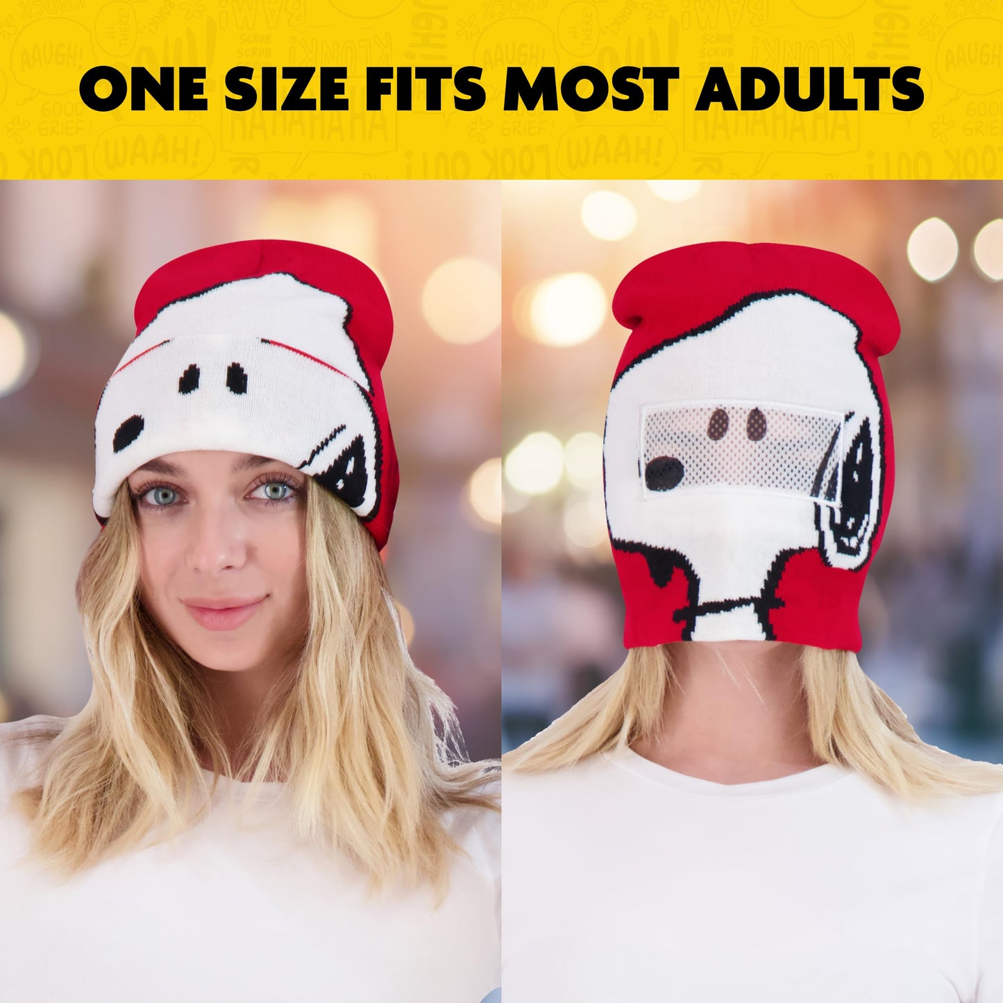 Peanuts Snoopy Beanie Hat, Knit Roll Down Cuffed Winter Cap, Red, One Size