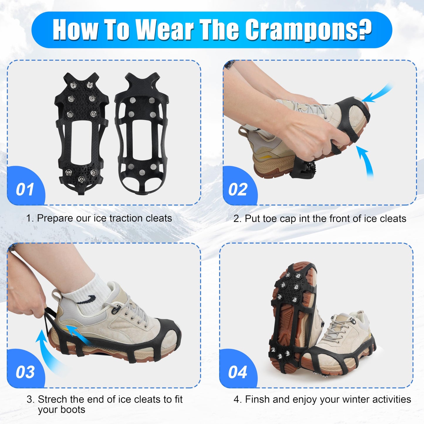 Ice Cleats for Shoes and Boots Snow Traction Cleats Crampons for Snow and Ice Women Men Kids Non Slip Snow Cleats Grippers Winter Walking Hiking Climbing Ice Fishing XL