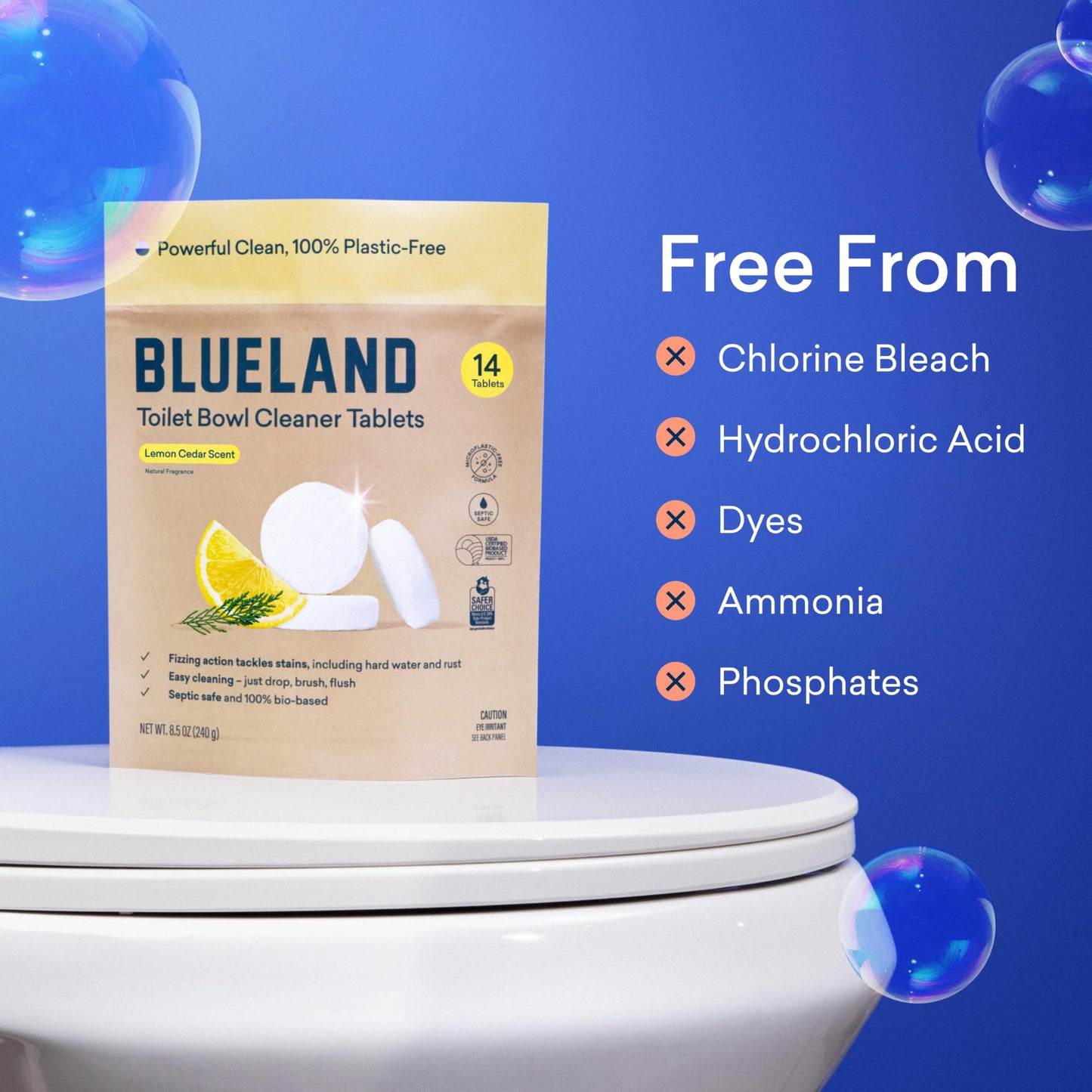 BLUELAND Toilet Bowl Cleaner Tablets, 28 Count, Lemon Cedar, Plastic-Free, No Harsh Chemicals, Plant-Based