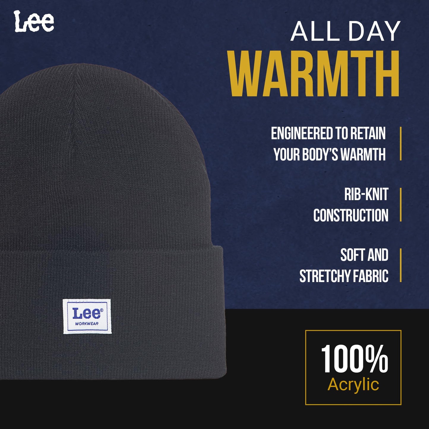 Lee Workwear Men’s Beanie Hats - Men Knit Cuffed Mens Skull Winter Hat, 2 Pack