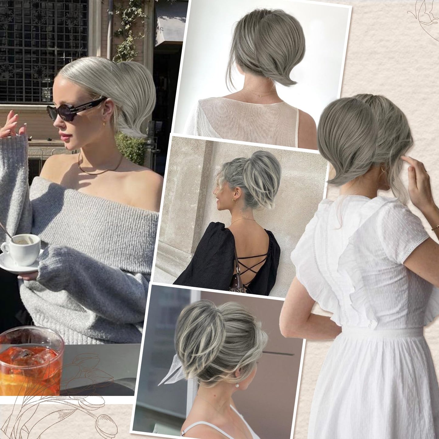 BARSDAR Gray Hair Bun Extensions - Synthetic Fully Short Straight Ponytail Hair Bun Extensions for Women, Elastic Gray Hair Bun Scrunchies Messy Bun Hairpieces Daily- Gray Mixed