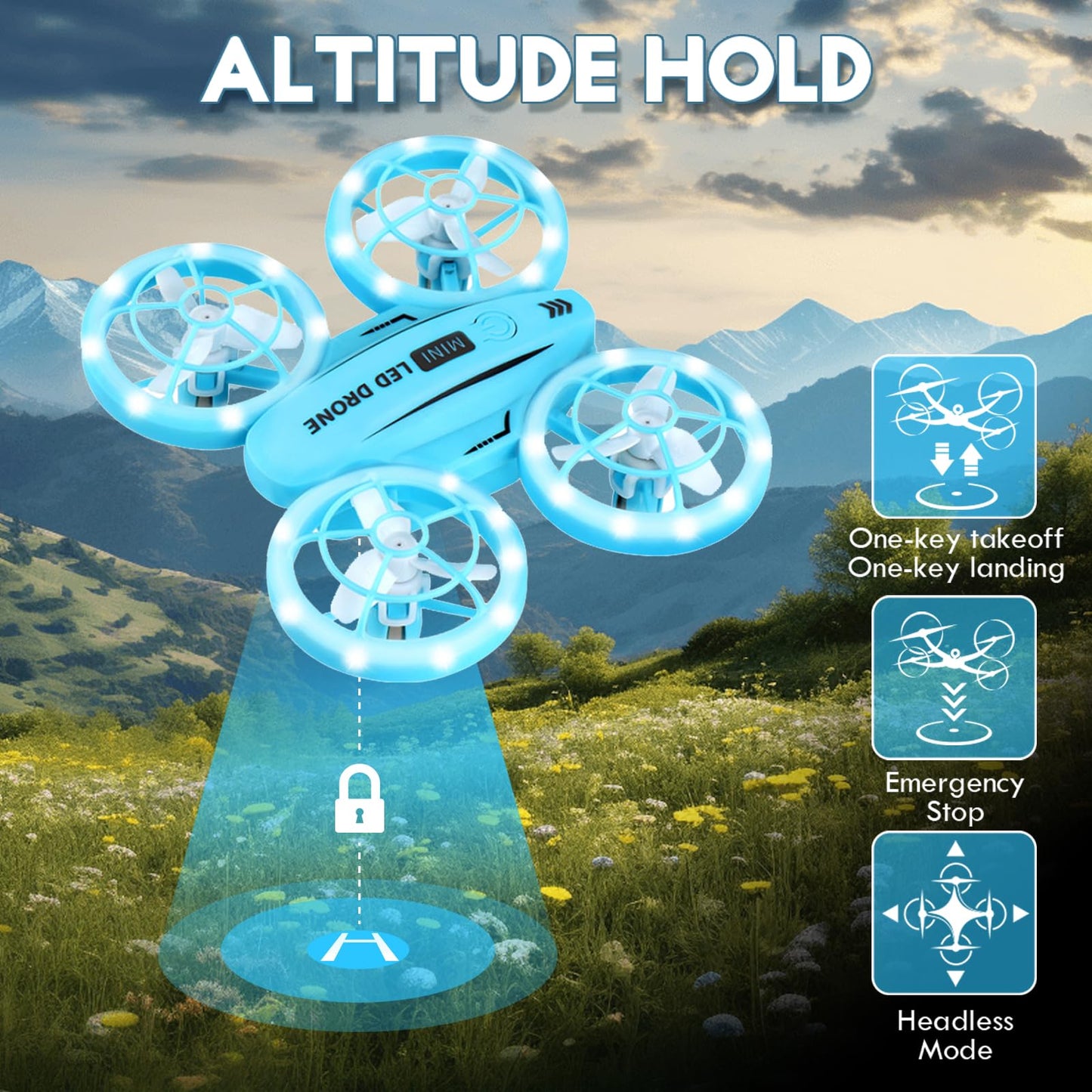 Mini Drone for Kids, Colorful LED RC Drone Quadcopter for Beginners with Headless Mode, 360 Flips, Altitude Hold, 3 Speeds Mode,Full Propeller Protect,Toys Gifts for Boys Girls,Blue