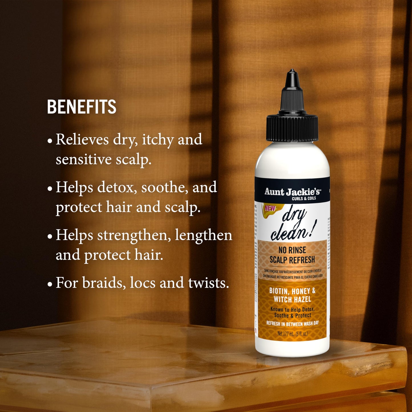 Aunt Jackie's Braid + Twist Collection Dry Clean! No Rinse Scalp Refresh – Detox and Moisturize Scalp with Witch Hazel, Scalposine, Biotin, and Honey – 6 fl oz