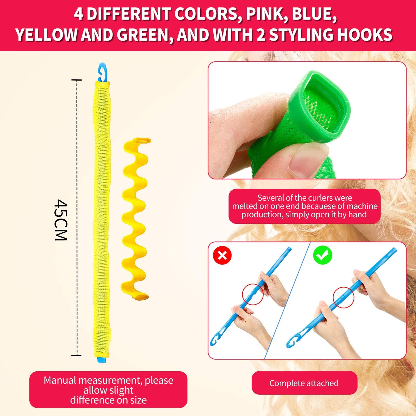 30 Pieces Heatless Waves Curlers Spiral Curls Styling Kit No Heat Hair Waver Spiral Curlers Rollers with 2 Pieces Styling Hooks for Most Hairstyles (45 cm)