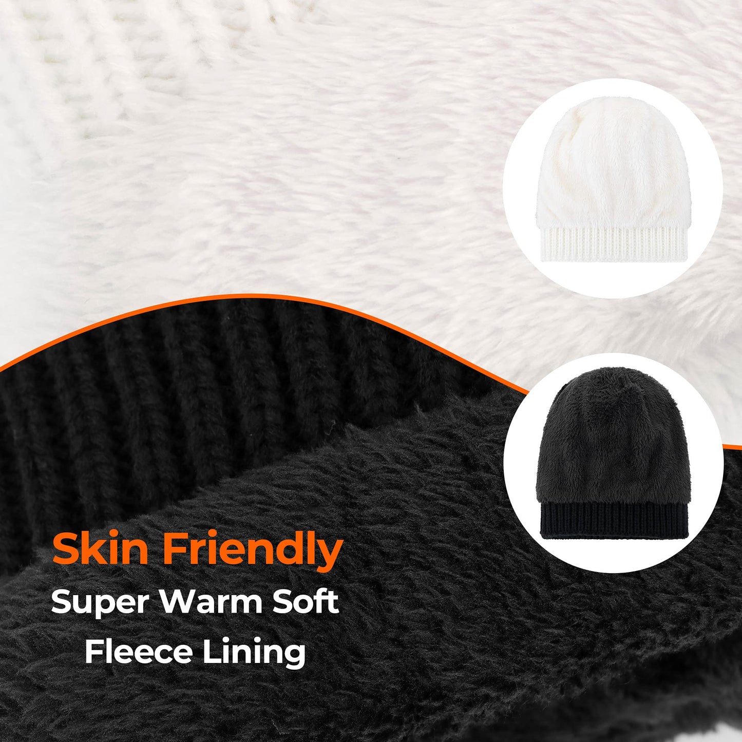 Beanie Hat Women's Winter Soft Fleece Lined Knit Pom Beanie, Lot 2_Black White