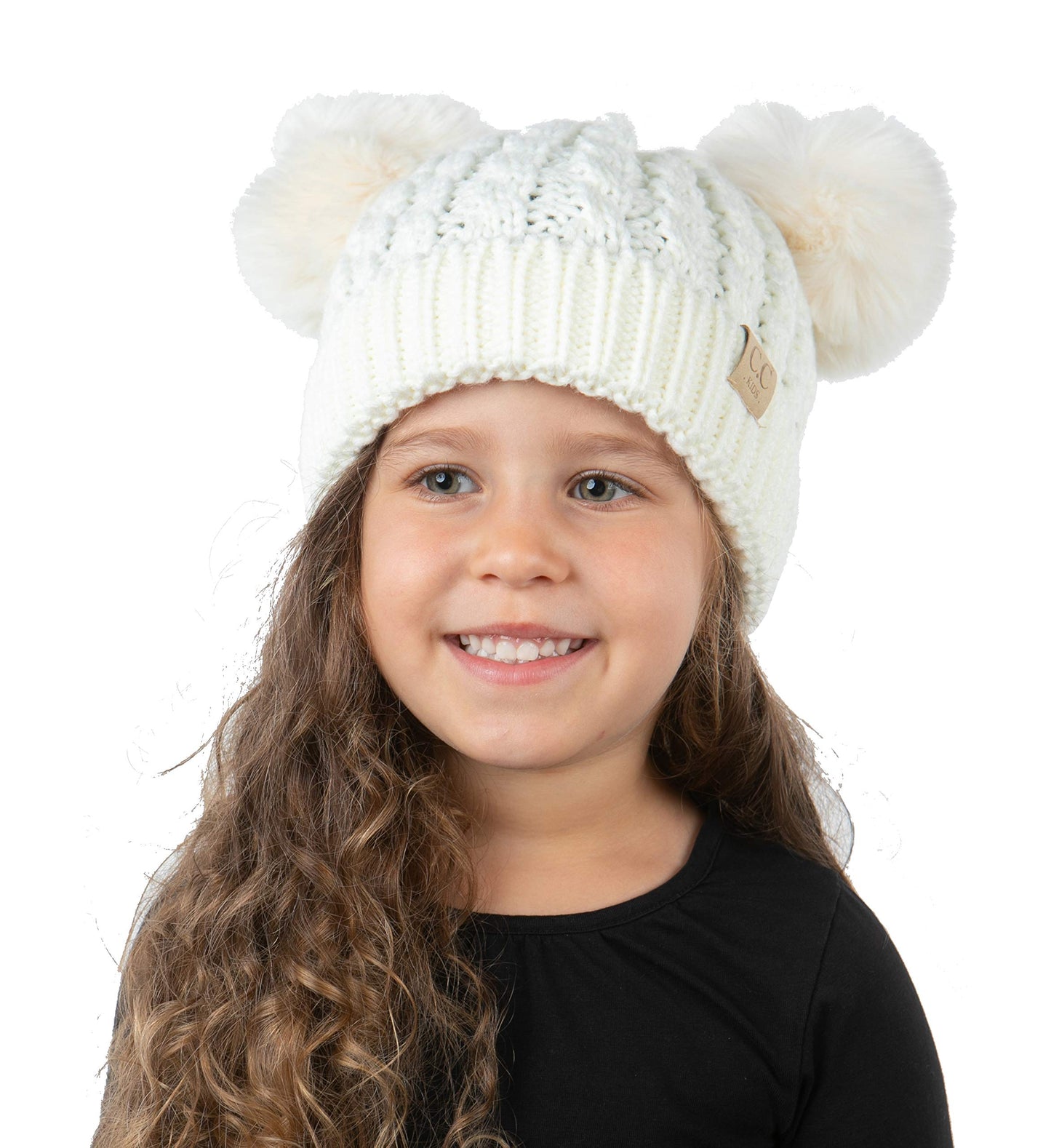 Funky Junque Double Pom-Pom Kids Beanie, Double Pom Pom Beanie Toddler 100% Acrylic Material, Soft and Warm, Toddler Winter Clothes Toddler Girl Winter Hat (Ivory - Ivory Faux Fur Pom)