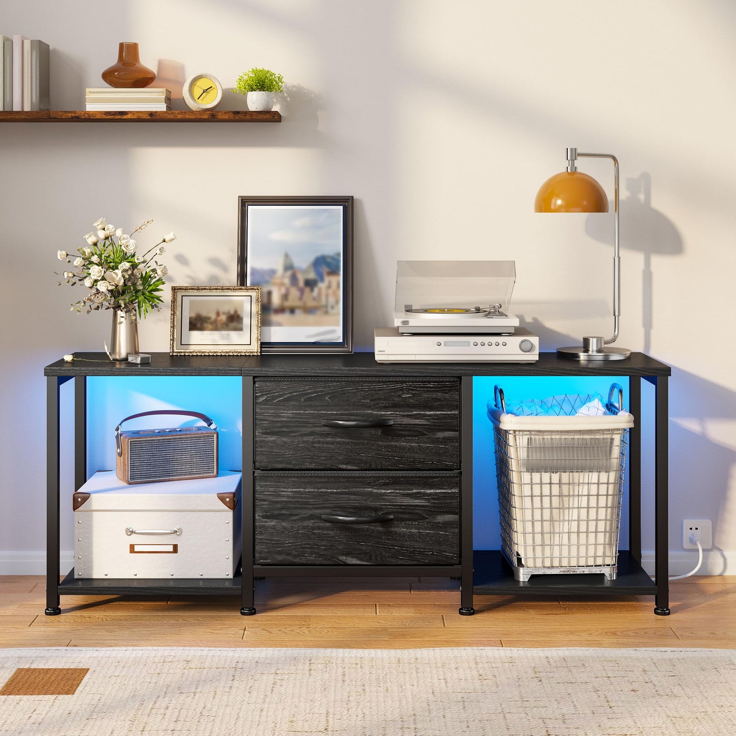 TV Stand for Bedroom with LED Lights, Dresser TV Stand with Two Fabric Drawers and Open Storage Shelves, TV Stands for Living Room, Entertainment Center, TV Console, Wood Top, Metal Frame, Black