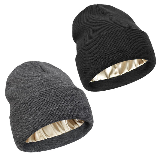 Facecozy 2 Pack Satin Lined Beanie Hats for Women Soft and Warm Winter Hats for Women Men Slouchy Beanie Hat(Black&Grey)