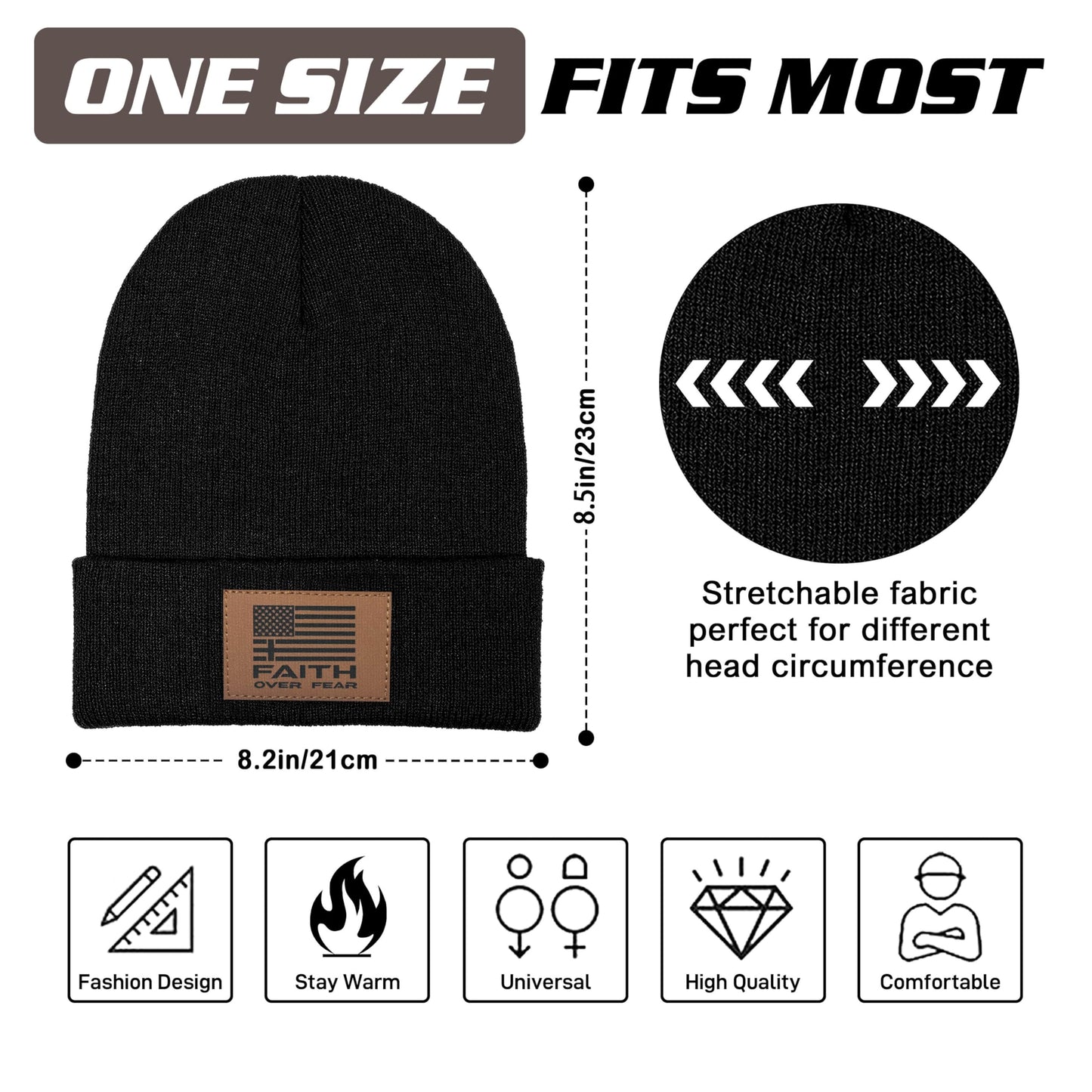 Faith Over Fear Beanie with Leather Beanie Hat for Men Women Gifts for Dad Knit Hat Warm Knitted Winter Cap