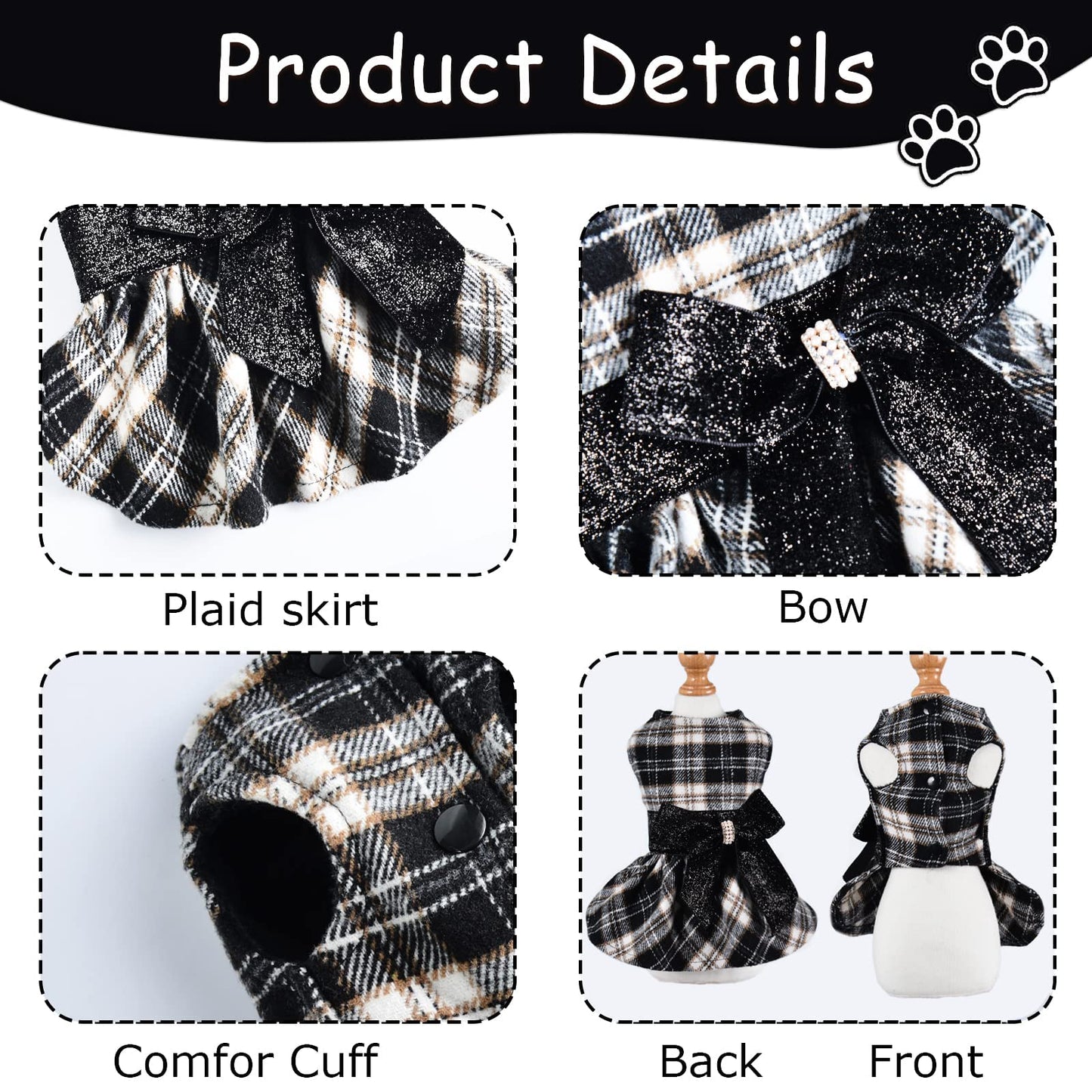 Dog Sweater Dresses for Small Dogs Male Female - Christmas Dog Clothes for Small Dogs Girl Boy - Winter Spring Sweater Princess Plaid Dress - Pet Clothes Puppy Outfits Apparel, XS, Black Plaid, 4-6lb