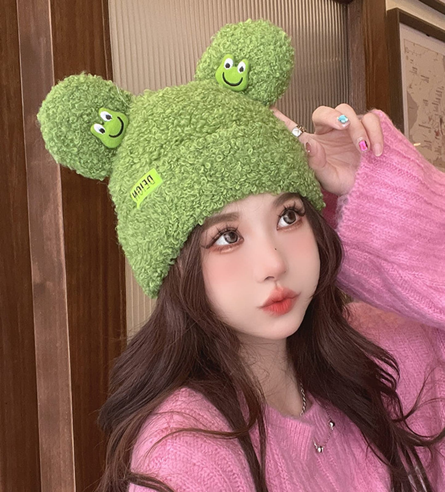 BOLLEY JOSS Womens Winter Beanies Cute Woollike Knitted Frog Hat Women Lady Girl Crochet Sheep Christmas Hats