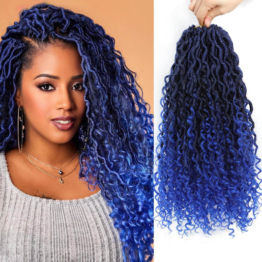14 Inch 8 Packs Goddess Locs Crochet Hair Ombre Faux Locs Crochet Hair for Women Pre Looped Boho River Locs Crochet Hair with Curly Ends Synthetic (#TBlue)