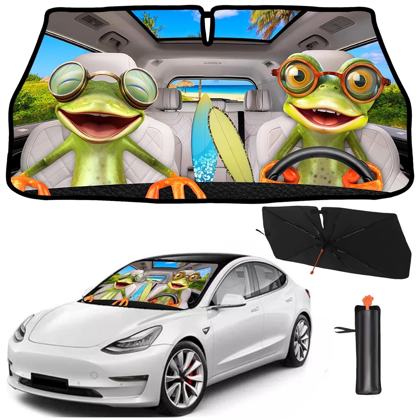 2025 Upgrade Funny Animals Car Windshield Sun Shade Umbrella 5 Layers Nano Coatings Frog Driving Car Front Window UV Block Sunshade Cover for Most Cars SUV Universal Size 57"x30"
