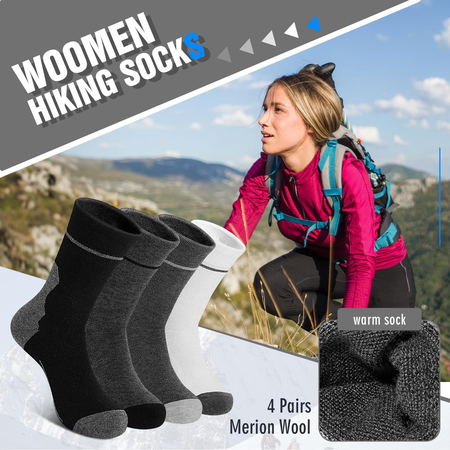 Moonlight Manor 4 Paris wool socks for women,wool hiking socks women,crew socks for women, Winter Cozy Warm Breathable Merino Wool socks