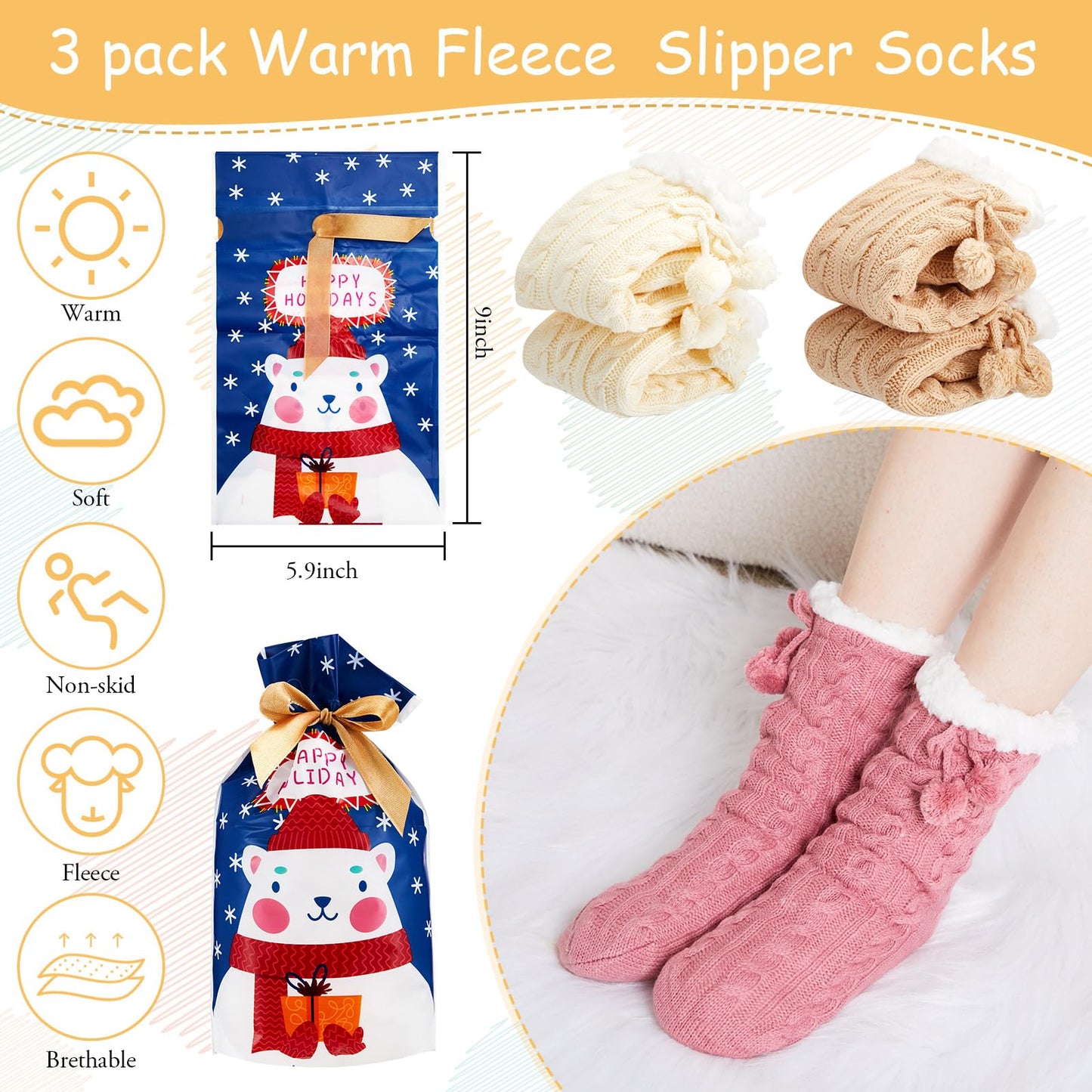 Foaincore 3 Pair Kids Slipper Socks with Gift Bag Girls Boys Fuzzy Socks Non Slip Winter Fluffy Socks Warm Socks with Grips(Warm Color,8-12 Years Old)