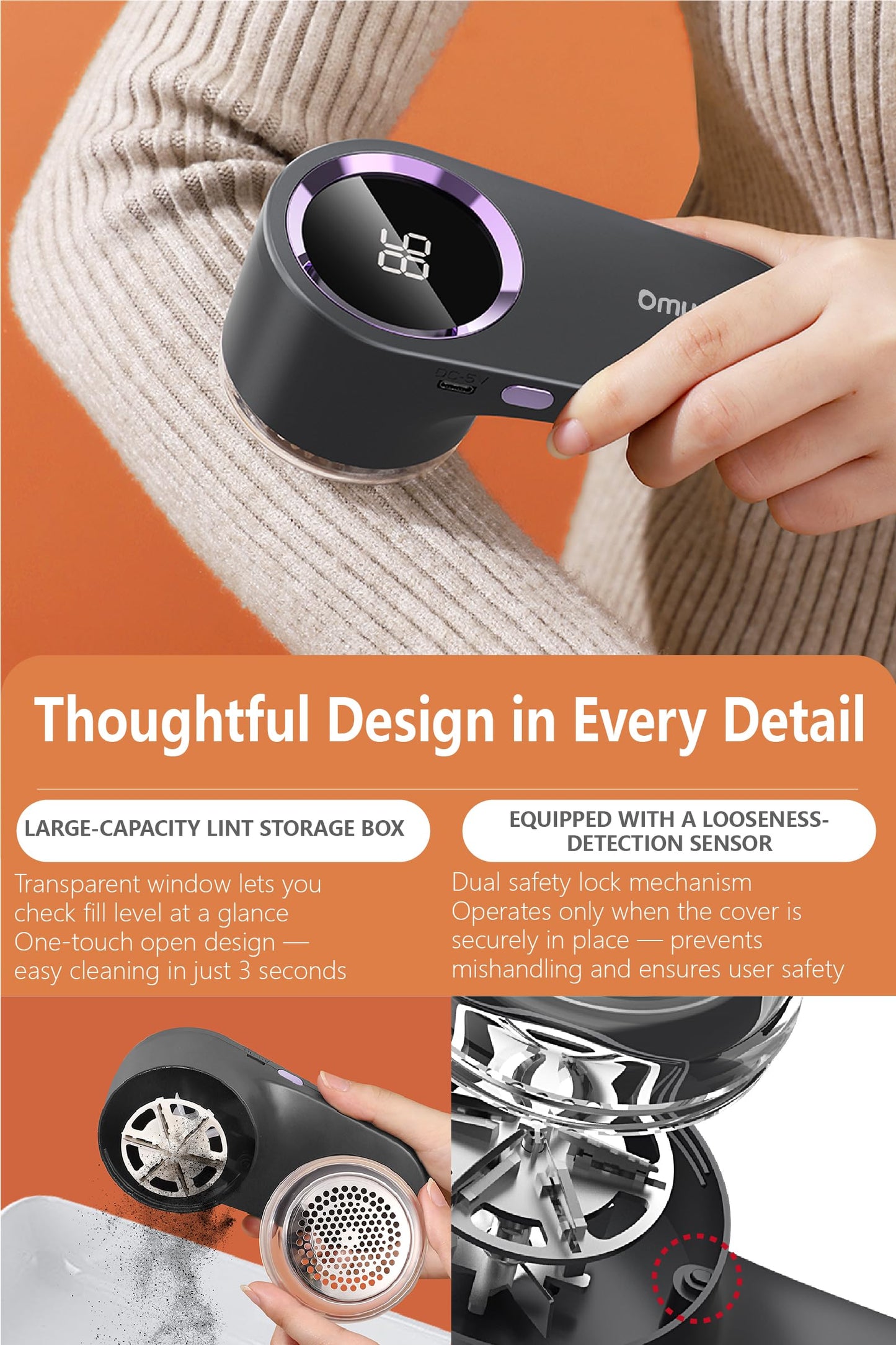 Fabric Shaver, Lint Remover Rechargeable, Electric Portable Sweater Defuzzer with 6-Leaf Blades, Digital Screen, Remove Pilling for Clothing, Couch, Furniture, Fuzz, Lint Ball, Pillings(White)