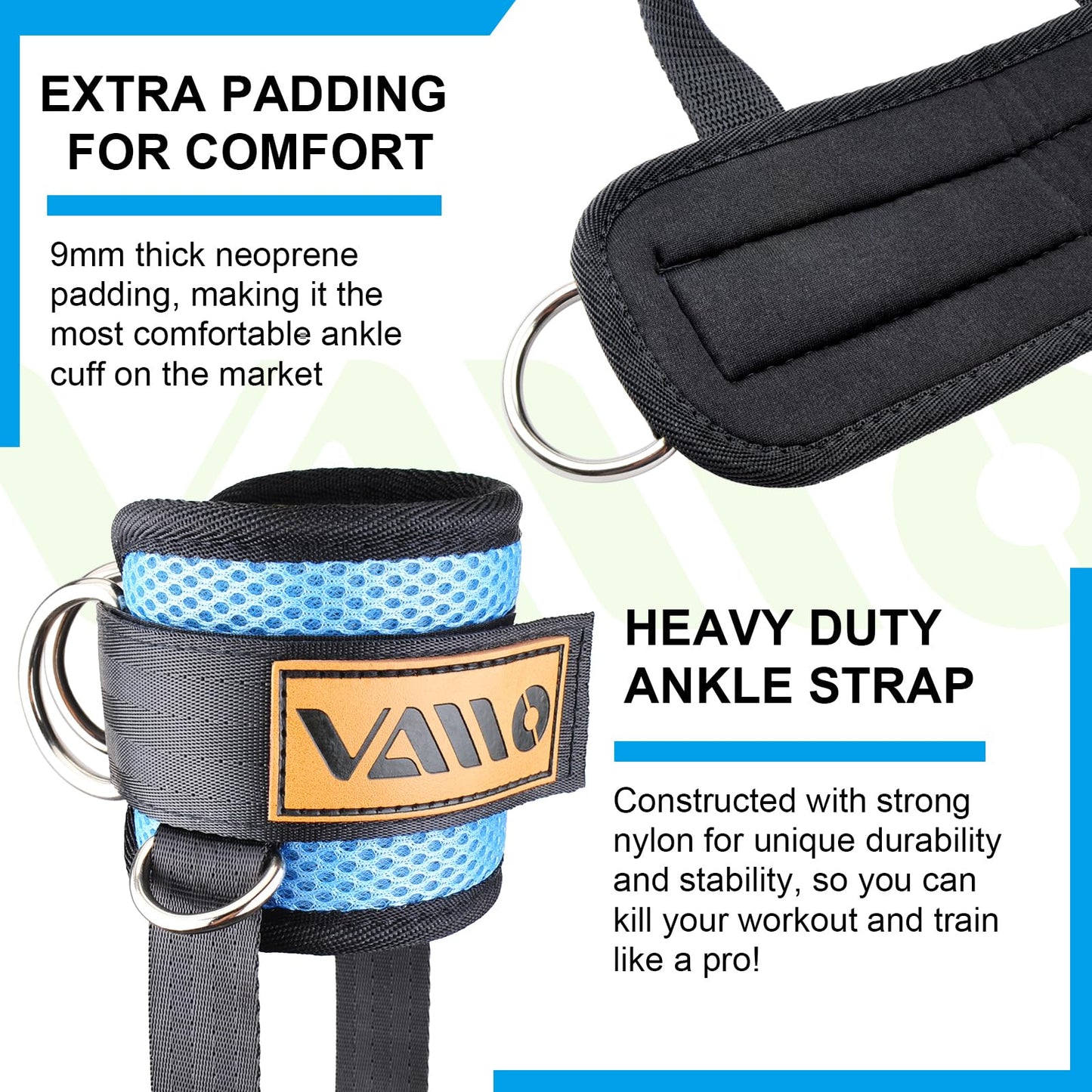 VAIIO Ankle Straps for Cable Machines,Adjustable Comfort fit Neoprene, Reinforce Double D-Ring - Premium Ankle Cuffs to Improve Abdominal Muscles, Lift The Butts, Tone The Legs for Men & Women