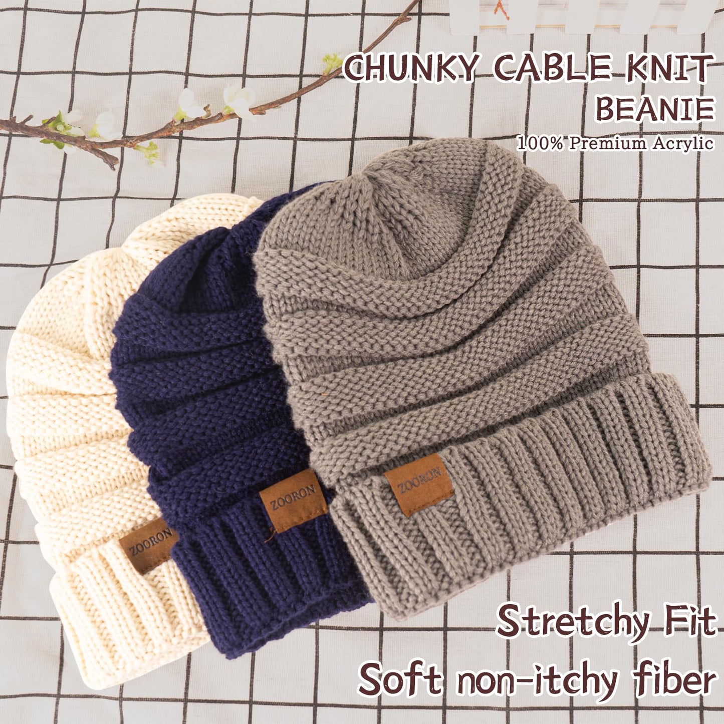 ZOORON Womens Winter Hat Slouchy Beanies for Women Cable Knit Winter Beanie Hats for Women Thick Cold Weather - Beanies Women