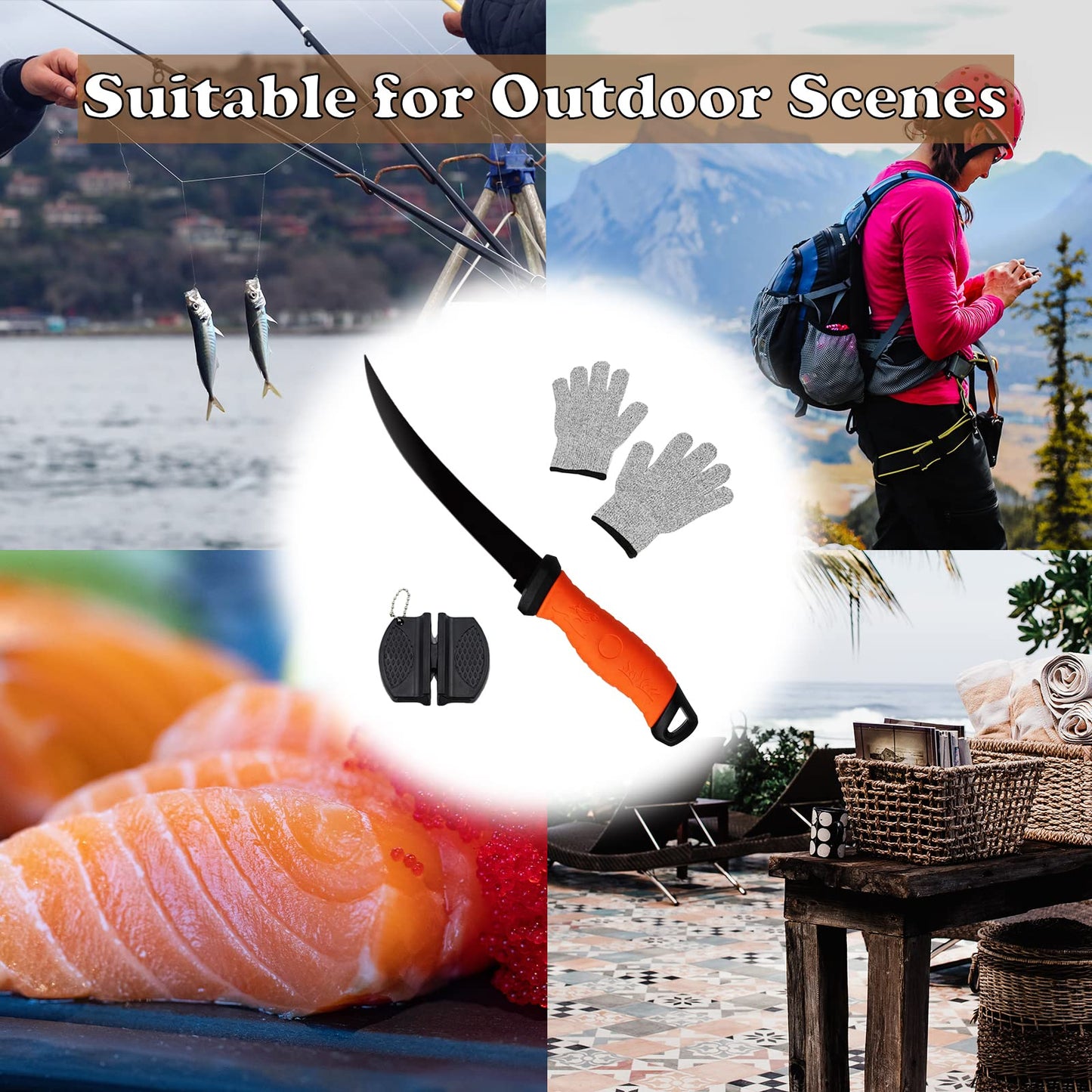 Fish Fillet Knife, 7 Inches Professional Fishing Fillet Knife Set Stainless Steel Blade in Corrosion Resistant Coating, with Sharpener and Cutting Resistant Gloves, for Fishing and Outdoor, Orange