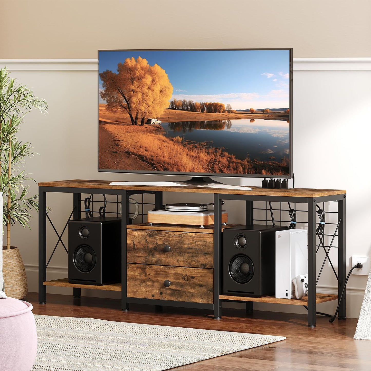 YATINEY TV Stand with Power Outlet Up to 60 Inch, Entertainment Center with 2 Fabric Drawers, TV Console Table with Open Storage Shelves for TVs, Cable Management, for Living Room, Bedroom, DS14UBRY1