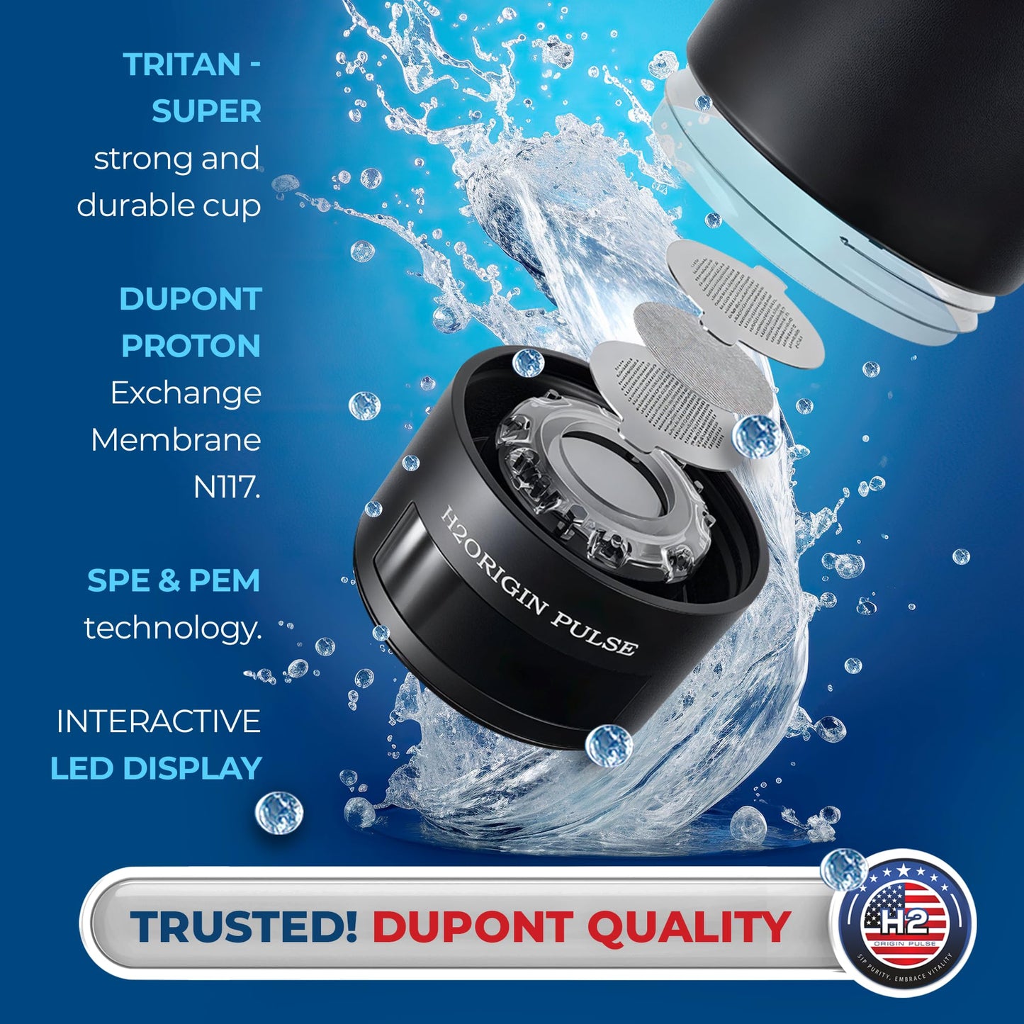 H2ORIGIN PULSE Hydrogen Water Bottle Generator, Up to 9000 PPB Hydrogen Bottle Water Ionizer with SPE/PEM Technology, 3-in-1 Portable Universal Adapter and Refreshing Mist Spray for Home Hydration